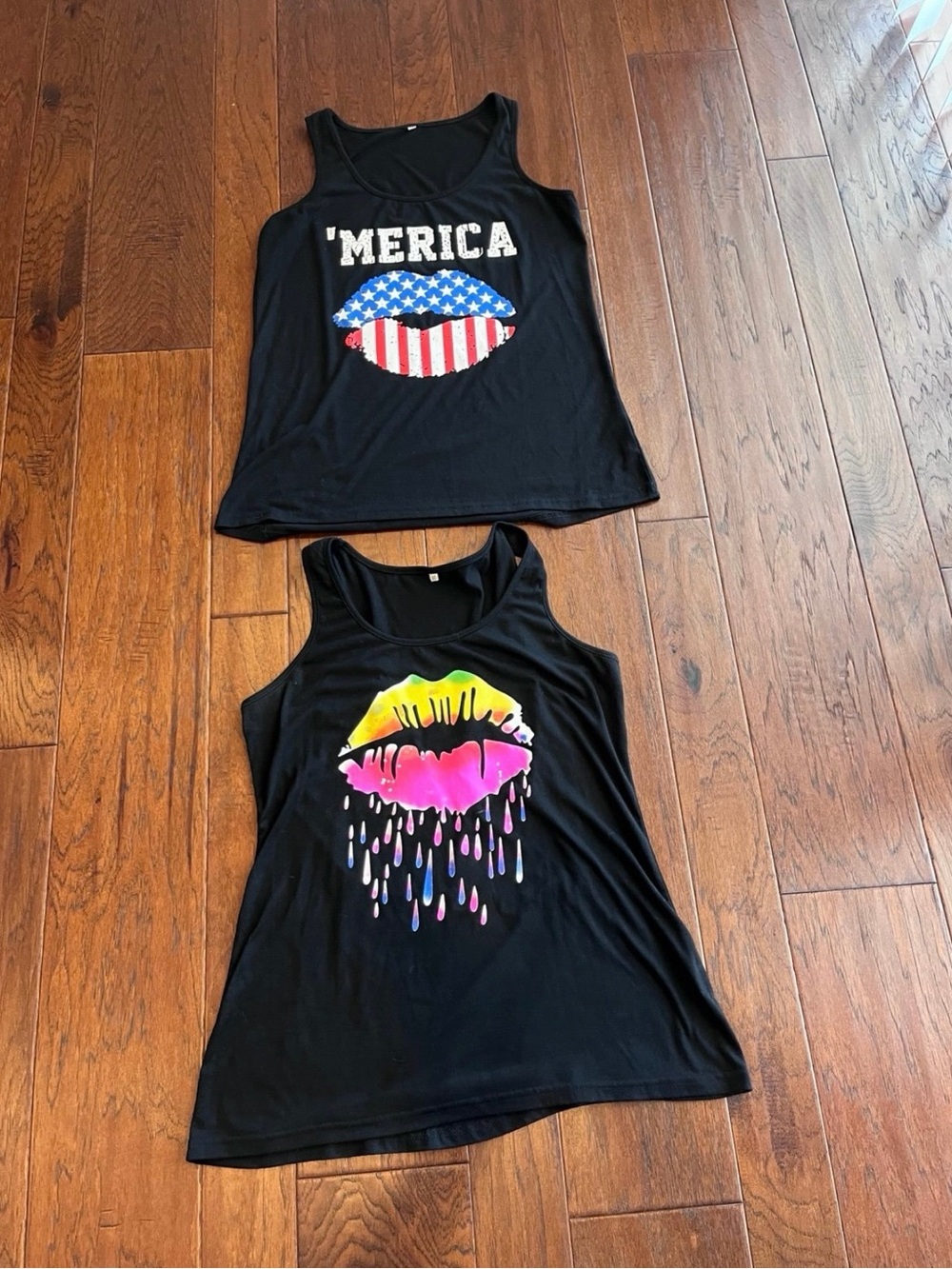 Women’s  Black Tank Top with Neon Lip Graphic - Set of 2